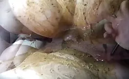 Horny couple smear poop on their naked bodies