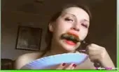 She's eating poop from anal beads