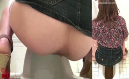 Brown haired babe shitting in public bathroom