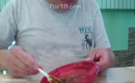 She feeds slave from a plastic bowl